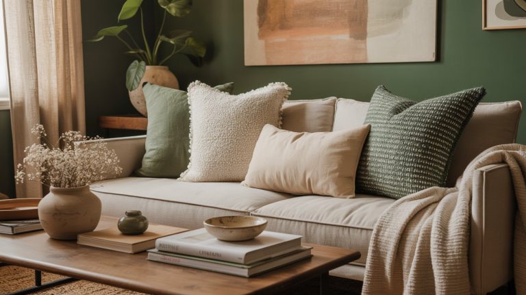 A cozy living room with a cream sofa, textured pillows and a throw, wooden coffee table with books and vases, a green color scheme on the walls, framed artwork, and soft natural light streaming in through window curtains.