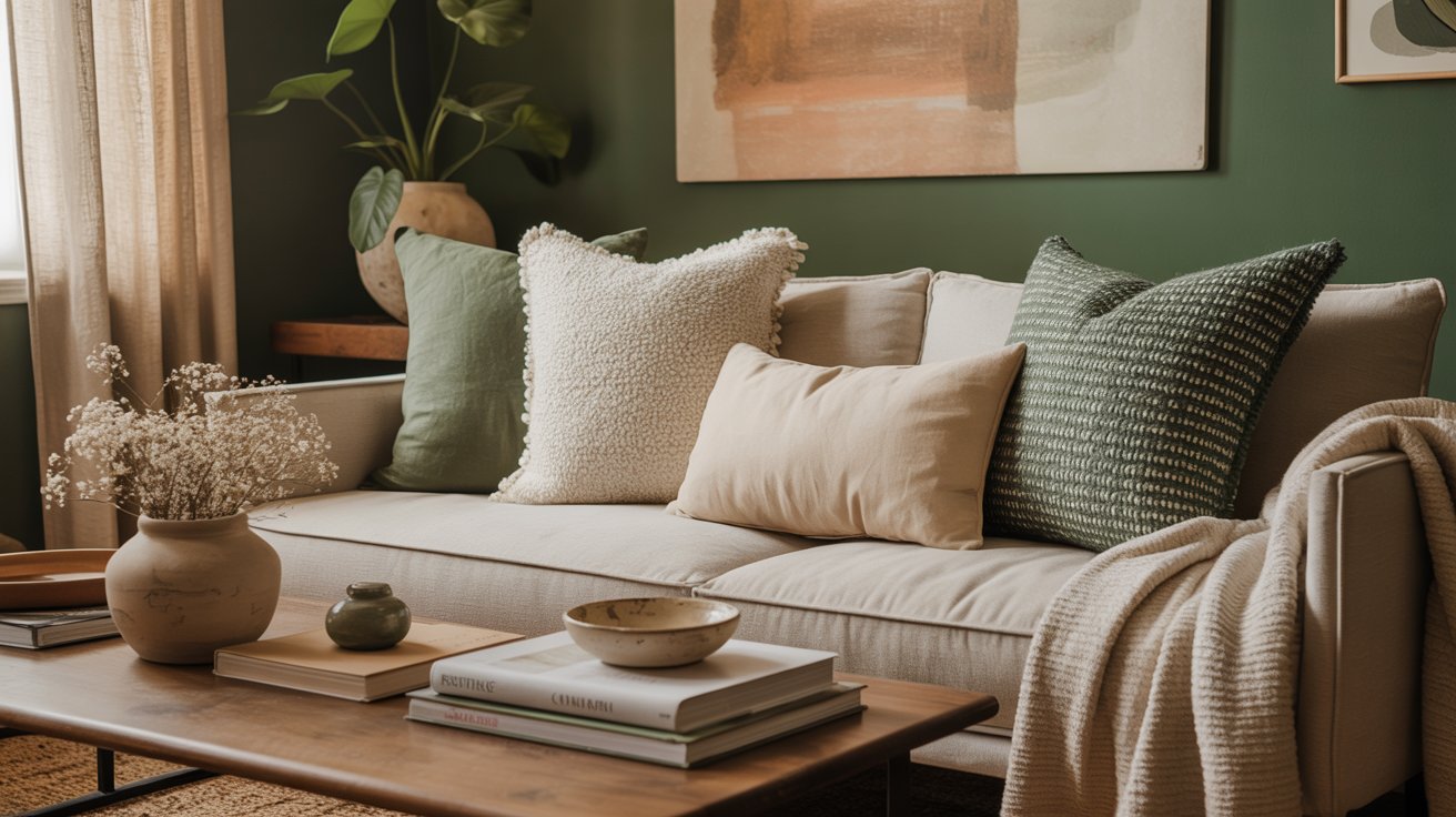 A cozy living room with a cream sofa, textured pillows and a throw, wooden coffee table with books and vases, a green color scheme on the walls, framed artwork, and soft natural light streaming in through window curtains.