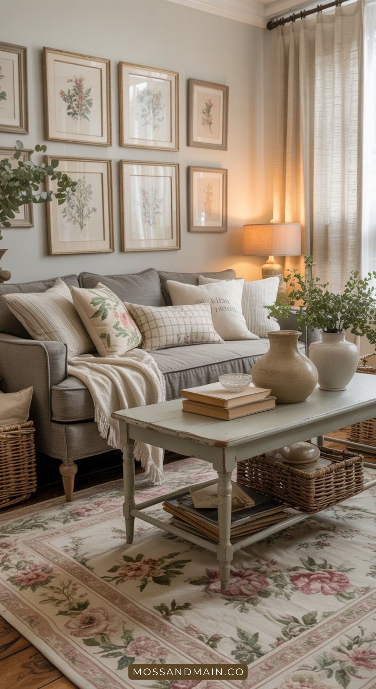 A cozy gray couch living room features floral pillows and a throw blanket. A light green coffee table holds books and vases with greenery, while botanical art hangs on the wall and soft light filters through beige curtains.