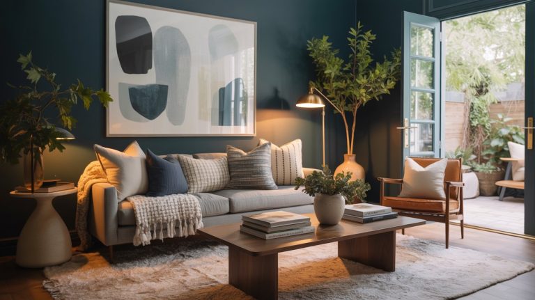 A cozy living room features a light gray couch with cushions and a throw blanket, a wooden coffee table with books and plants, abstract wall art, large indoor plants, and open doors leading to a patio with greenery.