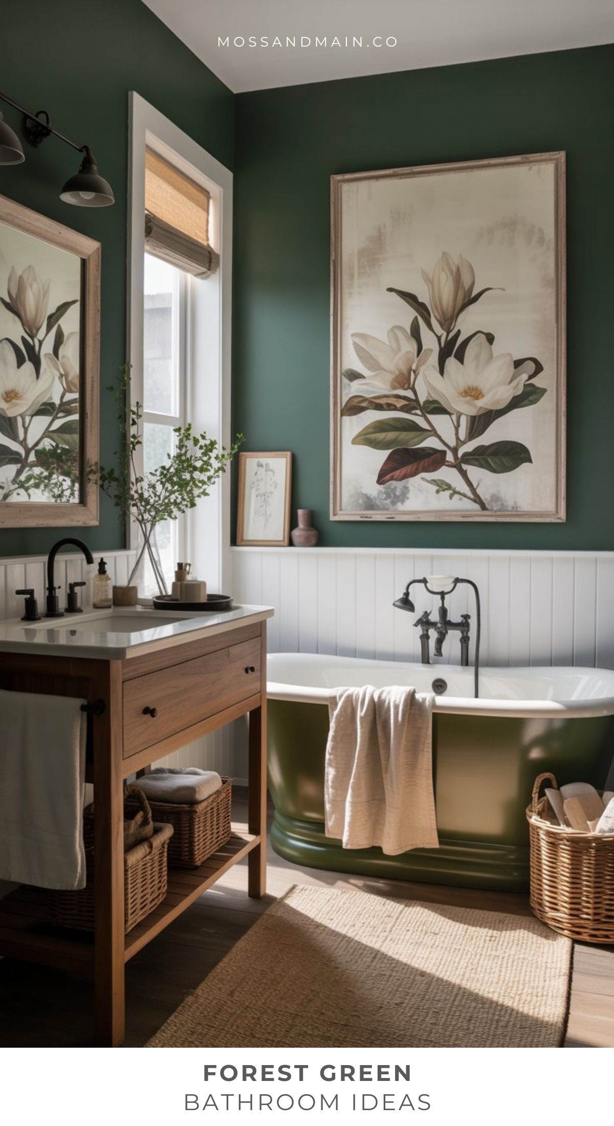 A bathroom inspired by Designer Catalog trends, featuring moody dark forest green walls and a matching tub, wood accents, magnolia flower artwork, a vanity with a vessel sink, woven baskets, and sunlight streaming through the window.