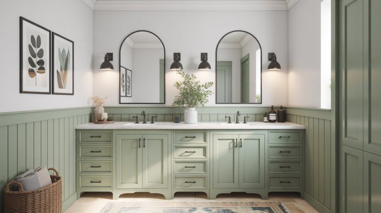 A sage green bathroom with double sinks, two arched mirrors, black wall sconces, framed botanical art, a basket with towels, and a small plant on the countertop—all bathed in soft natural light for inspiring bathroom ideas.