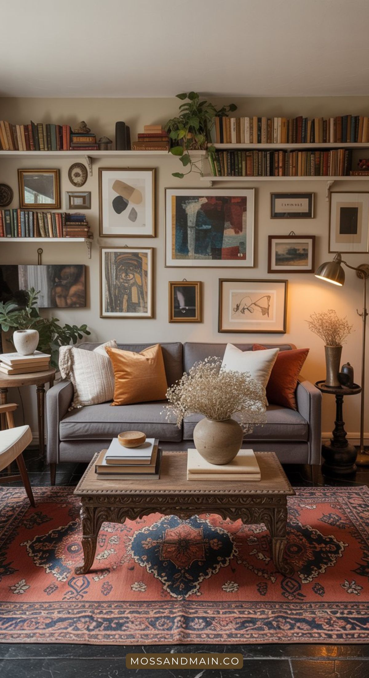 A cozy gray couch living room with orange and beige pillows, a wooden coffee table, and a red patterned rug. Art and books line the wall above, while plants and warm lighting create an inviting atmosphere.