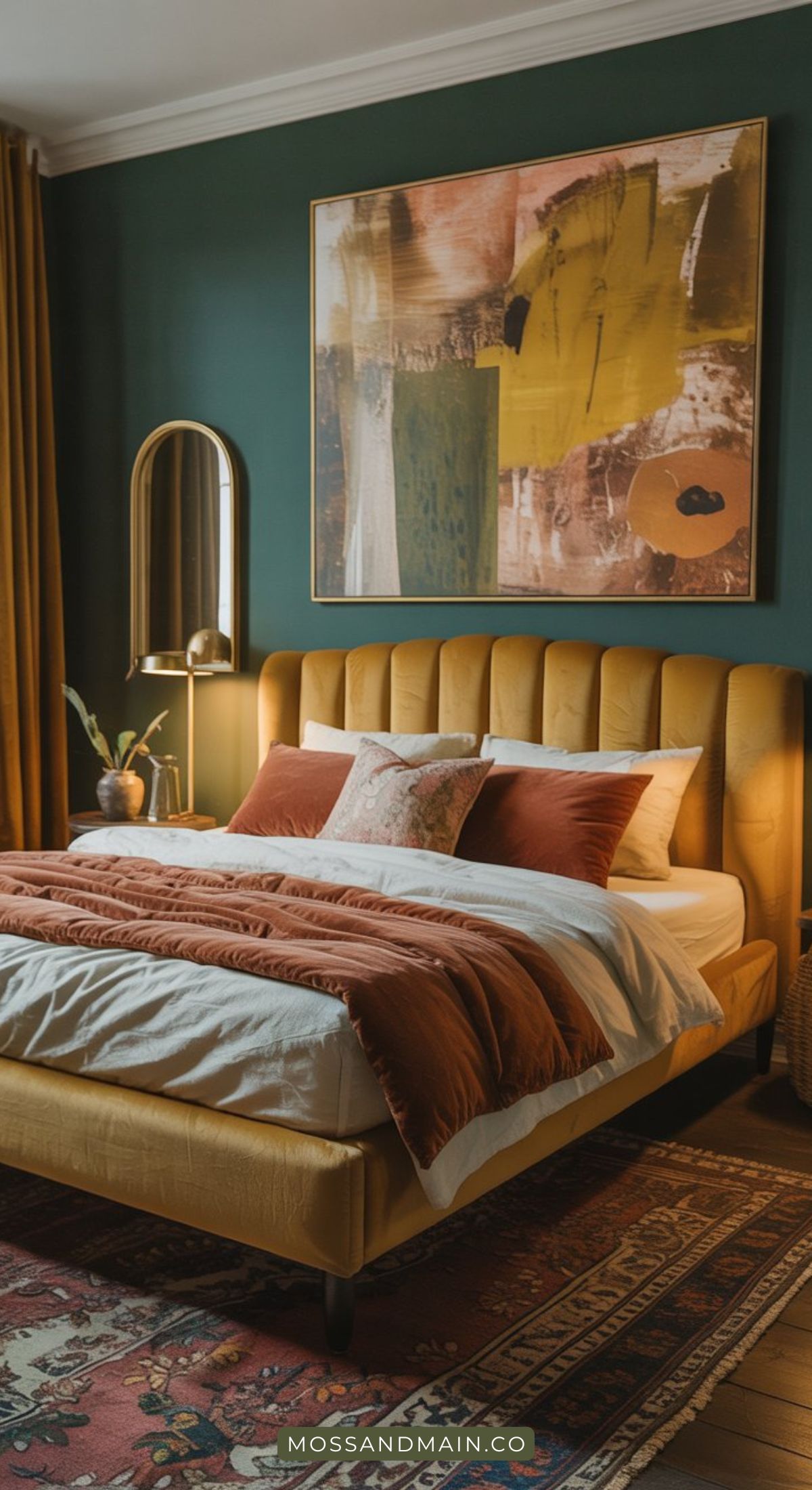 A stylish bedroom features a mustard-yellow upholstered bed with rust-colored bedding, a large abstract painting, and a gold-framed mirror. The dark green walls complement the vibrant green color scheme, while warm lighting and vintage rug create a cozy atmosphere.