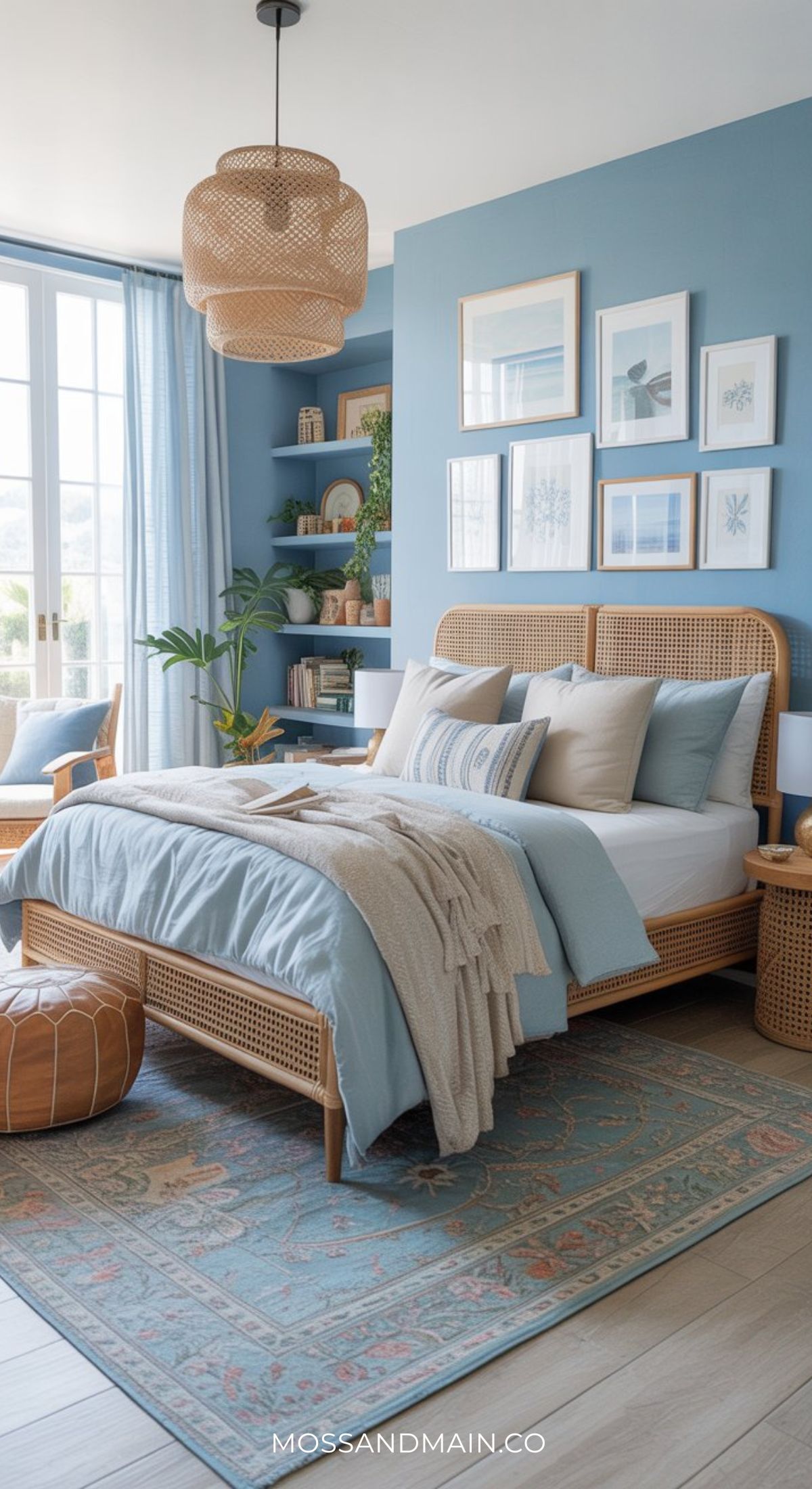 A cozy Blue Boho Bedroom features a rattan bed with layered blue and beige bedding, a woven pendant lamp, framed art on blue walls, plants, stylish shelves with books, and large windows—perfect for Pinterest-Worthy Bedroom inspiration.