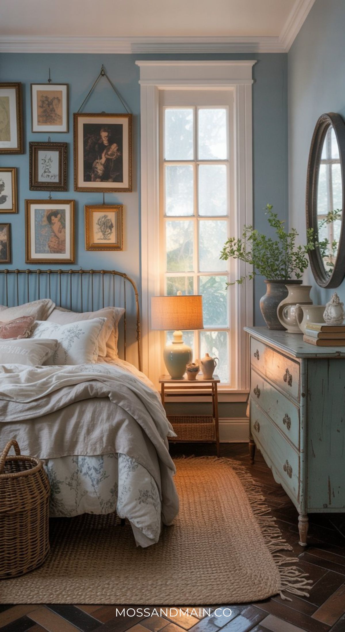 Cozy Bedroom Ideas come to life in this blue boho bedroom, featuring a metal bed with pastel bedding, jute rug, and art frames. A vintage dresser, round mirror, and tall window complete this Pinterest-worthy bedroom’s inviting vibe.