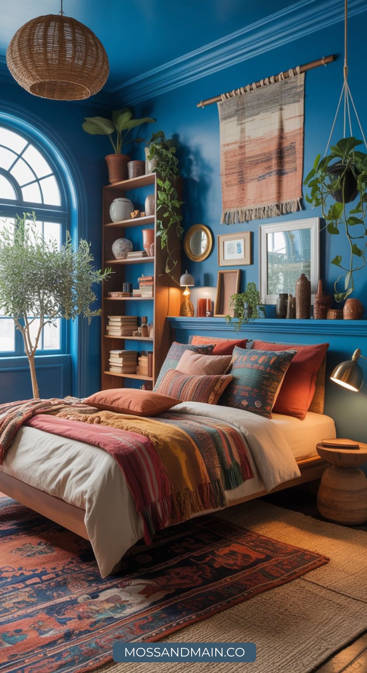 A cozy bedroom with bold blue walls, colorful bedding, woven wall art, and potted plants. Wood furniture and bookshelves sit beneath an arched window. Decorative accents complete this stylish bedroom’s warm, eclectic vibe.