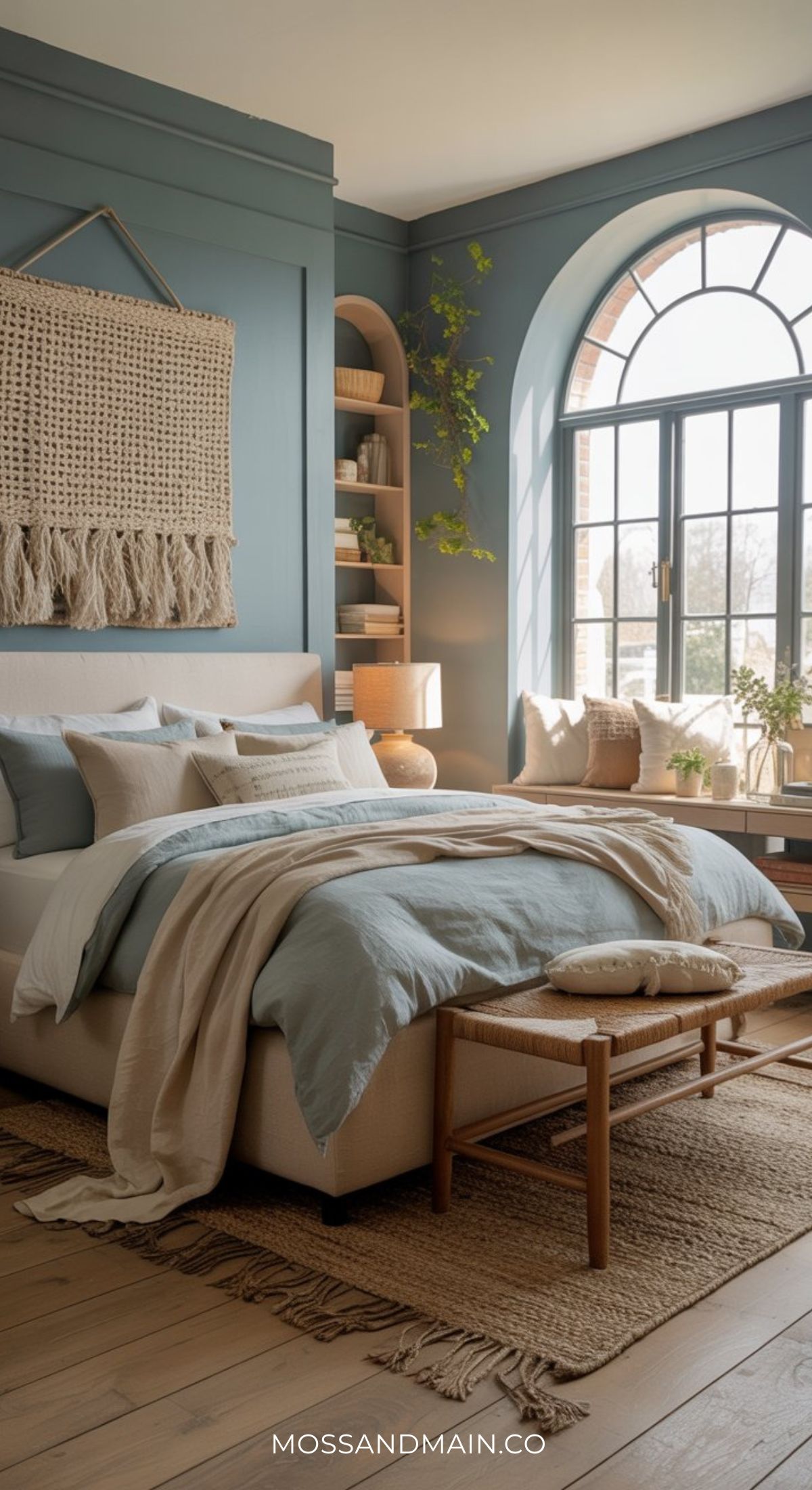 A cozy bedroom with a large arched window, soft blue walls, and Boho accents—perfect for Blue Boho Bedroom inspiration. Layered blankets, woven wall art, plants, and warm natural light create one of the trendiest Cozy Bedroom Ideas.