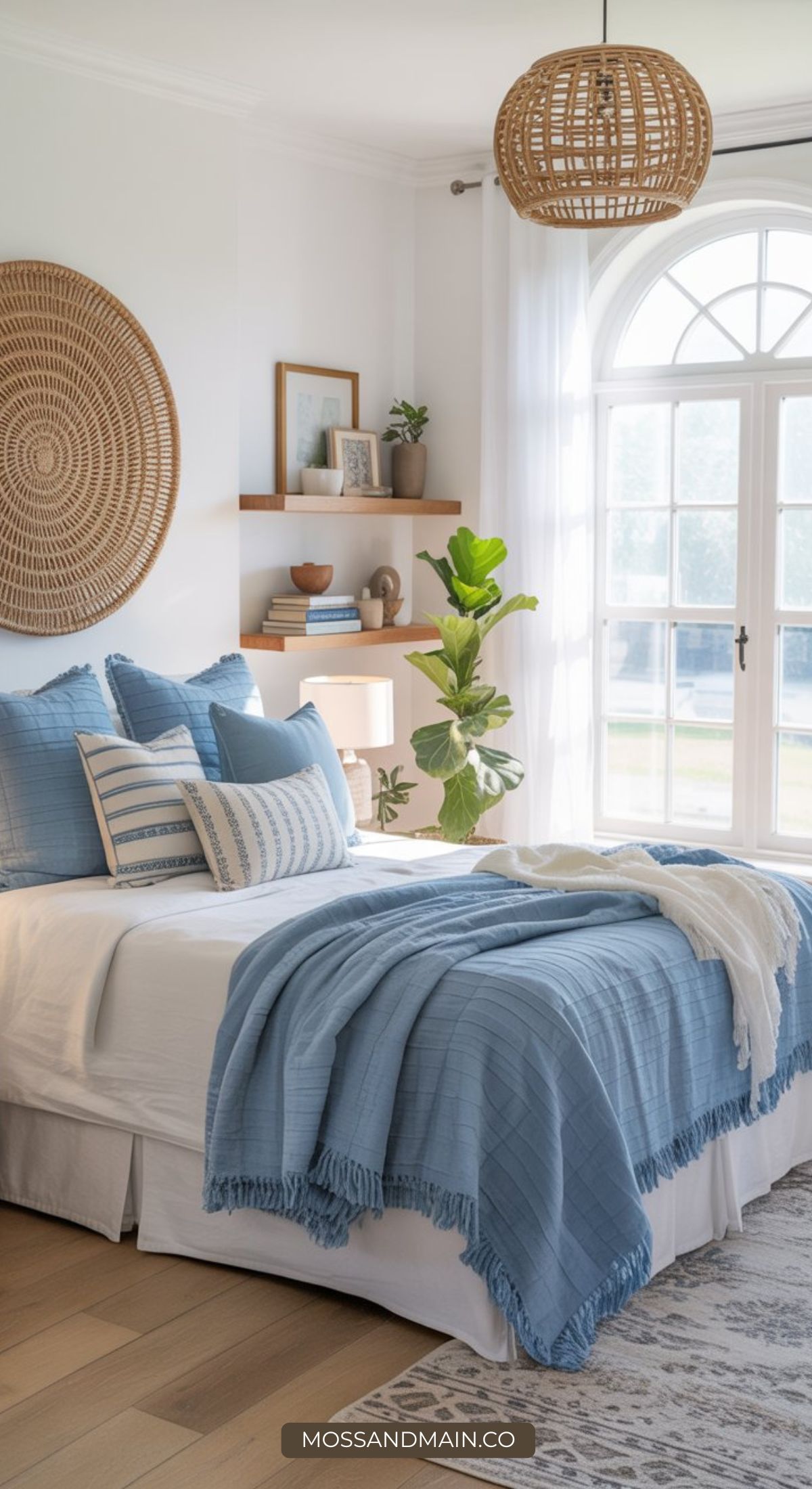 Bright and airy, this stylish bedroom features a large arched window, blue and white bedding, woven wall art, floating shelves with decor, a potted plant, and a woven pendant lamp—perfect inspiration for cozy bedroom ideas.