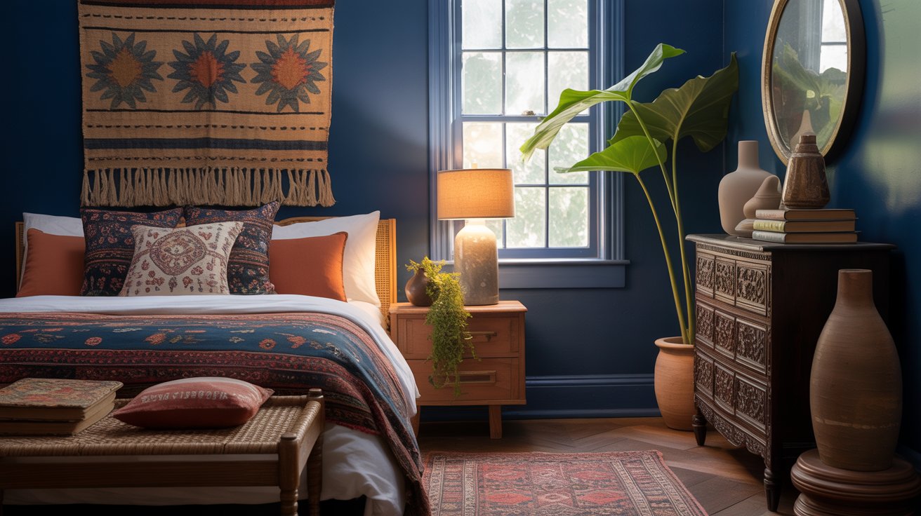 A cozy blue boho bedroom with dark blue walls, a patterned tapestry above the bed, layered pillows and blankets, a wooden nightstand with a lamp, large potted plant, ornate dresser, and a woven rug on the floor.