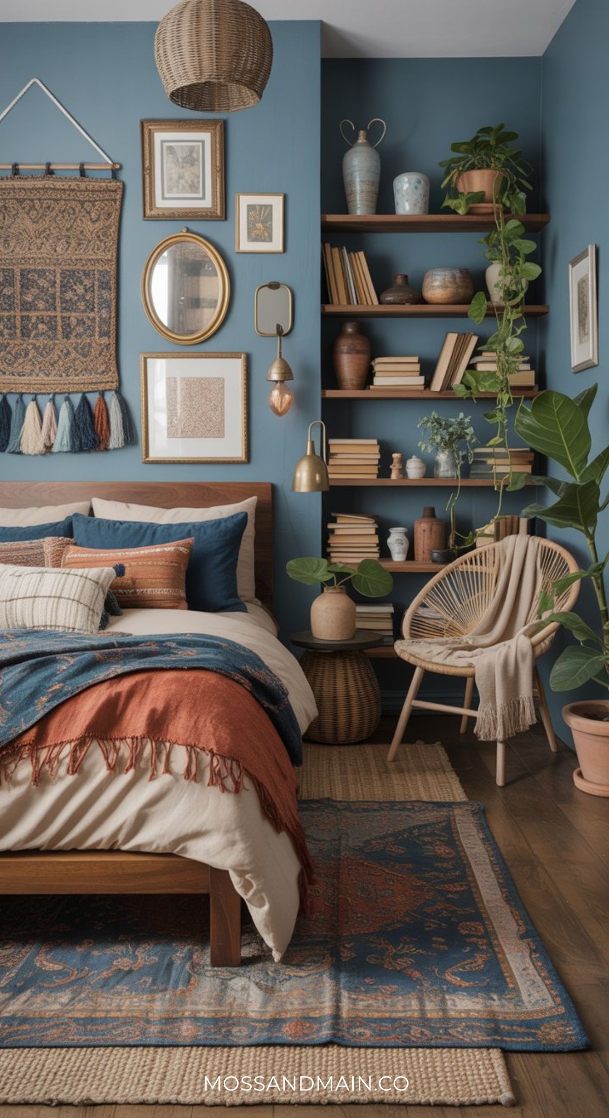 Cozy Blue Boho Bedroom with blue walls, a wooden bed layered in pillows and throws of blue and rust, woven decor, framed art, rattan chair, potted plants, and Pinterest-worthy shelves filled with books and ceramics.