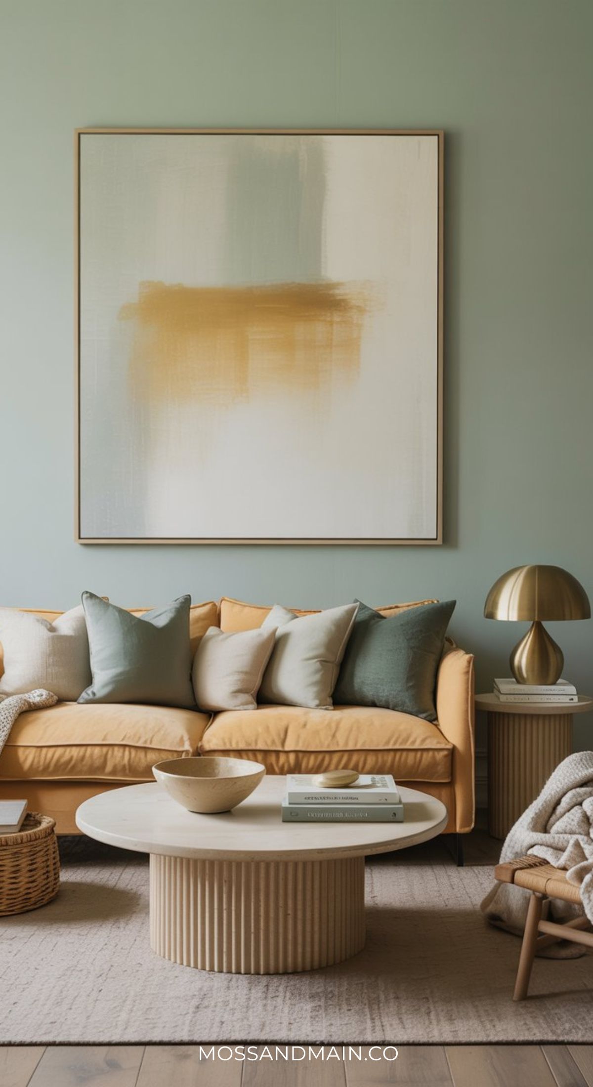 A modern green and gold living room with a yellow sofa, assorted neutral pillows, a round coffee table, a gold table lamp, woven basket, and abstract wall art in beige and gold tones. The decor is cozy and contemporary.
