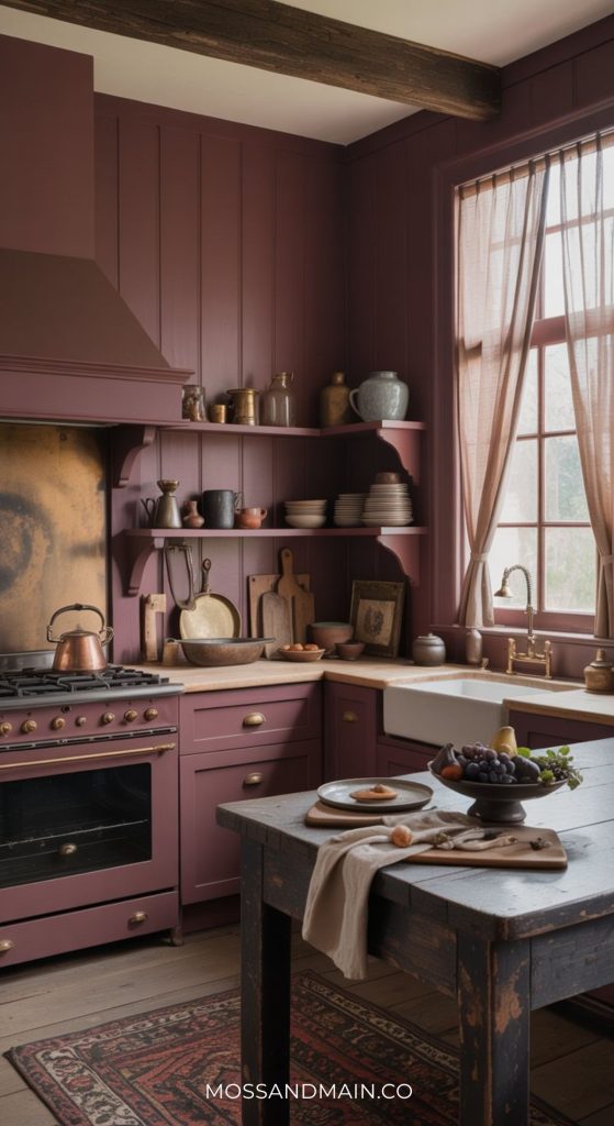 A cozy cottagecore kitchen with mauve cabinets, open shelves displaying dishes, a vintage stove, and brass fixtures. Dark kitchen décor touches include a rustic wooden table set with fruit and plates by a window with sheer curtains.