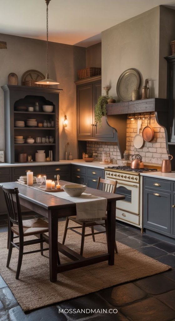 A cozy, vintage-style dark cottagecore kitchen with gray cabinets, a rustic wooden dining table set for two, lit candles, exposed brick backsplash, open shelves with dishware, and warm ambient lighting. Perfect for cottagecore kitchen ideas.