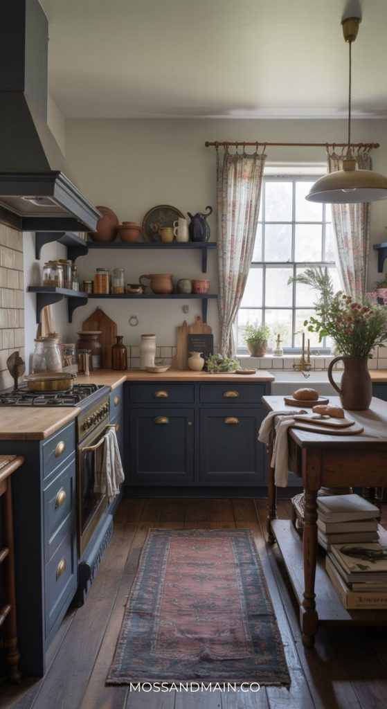 A cozy, vintage-style dark cottagecore kitchen with blue cabinets, wooden countertops, open shelves with jars and pottery, a large window with floral curtains, and a rustic table adorned with flowers and books. Natural light brightens the space.