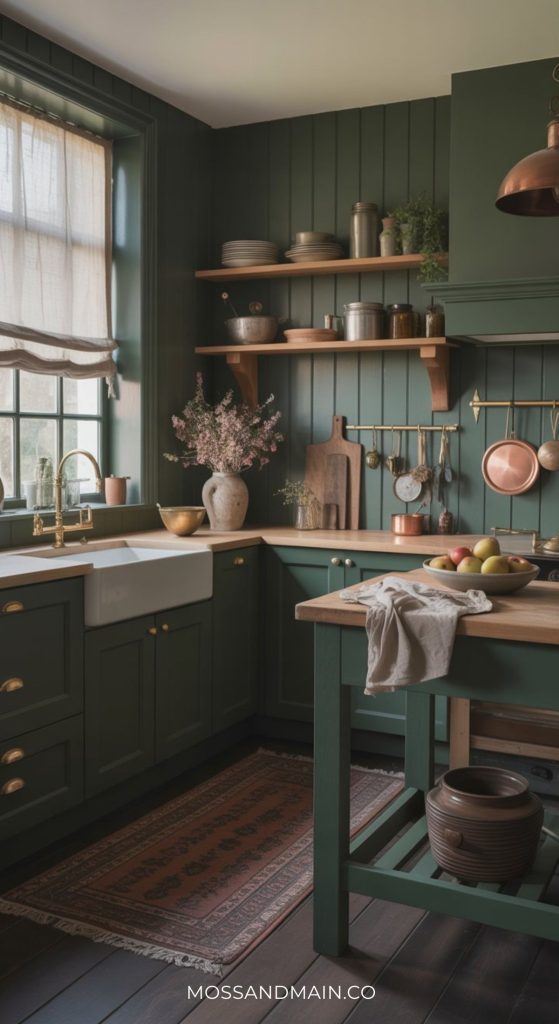 A cozy Dark Cottagecore kitchen with dark green cabinets, wooden countertops, open shelves displaying dishes, copper pots, a farmhouse sink, a bowl of fruit, fresh flowers in a vase, and sunlight streaming through a sheer-curtained window.