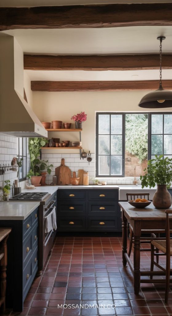 A cozy dark cottagecore kitchen with dark blue cabinets, copper accents, wooden beams, potted plants, open shelves, a farmhouse table with chairs, and large windows flooding the space with natural light.