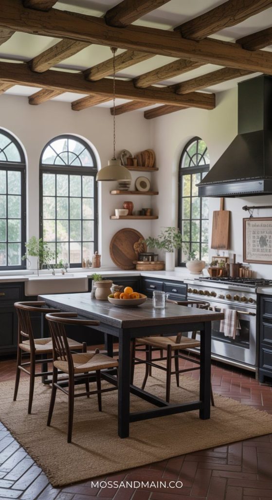 A bright, rustic dark cottagecore kitchen with wood beams, arched windows, dark cabinets, open shelves, a large black stove, and a wooden table on a tan rug. Natural light fills the space and plants decorate the shelves.