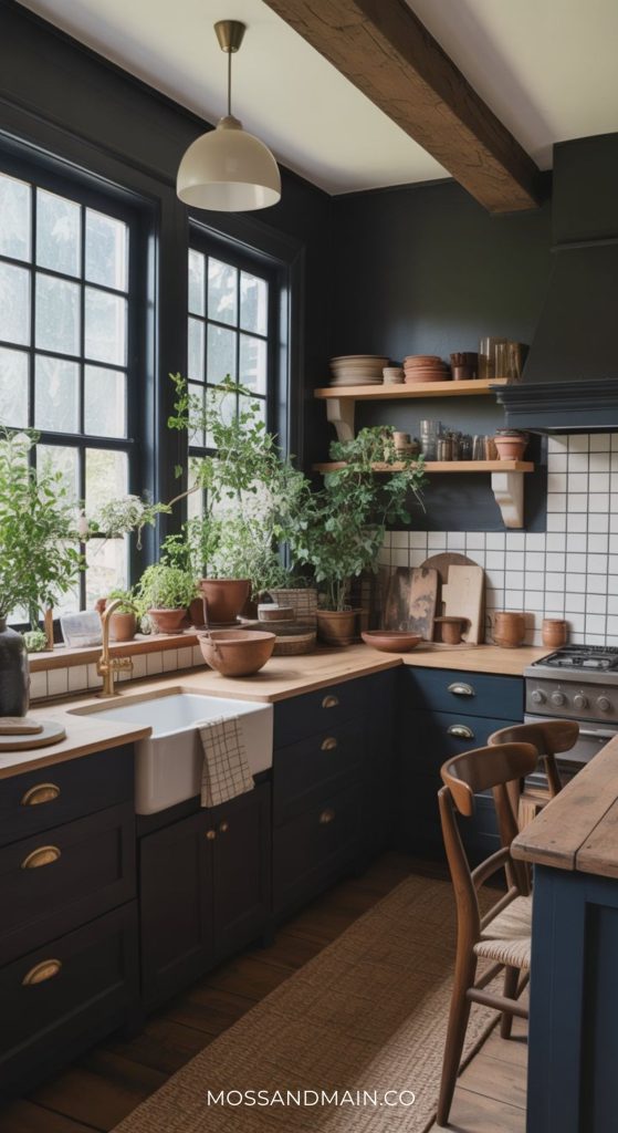 A cozy Dark Cottagecore Kitchen with dark cabinets, a farmhouse sink, wooden shelves holding dishes, potted plants by large windows, and wooden chairs around a counter. A white tile backsplash and warm lighting create an inviting atmosphere.