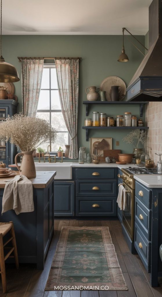 A cozy dark cottagecore kitchen with dark blue cabinets, brass hardware, open shelves with jars and pottery, a farmhouse sink under a window with floral curtains, and a rustic rug on the wooden floor. Perfect for those seeking cottagecore kitchen ideas.