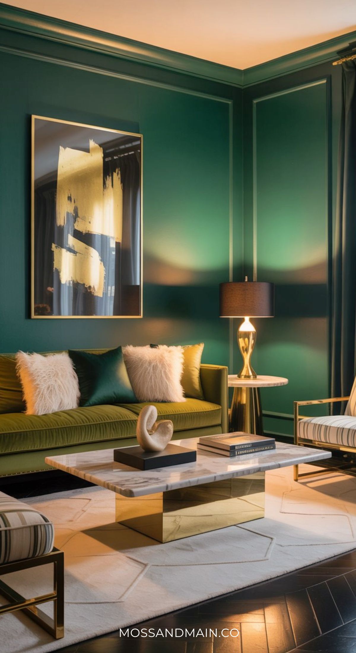 A modern green and gold living room with emerald walls, a green sofa topped with white fur pillows, a gold and marble coffee table, gold lamp, abstract wall art, and a geometric patterned rug. The space feels elegant and stylish.