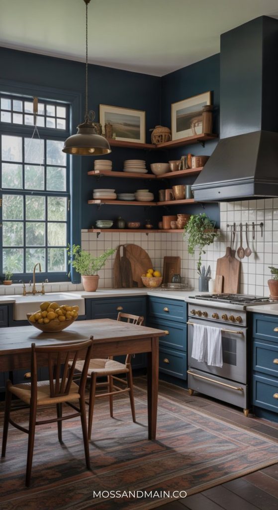 A cozy dark cottagecore kitchen with deep blue cabinets, open wood shelves for dishes and plants, a farmhouse sink by a large window, a range with a black hood, and a wooden table set with chairs and a bowl of lemons.