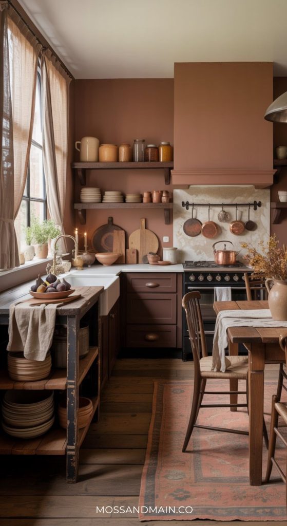 A cozy rustic kitchen with brown cabinets, open shelves holding dishes and jars, a vintage stove, hanging copper pots, and a wooden dining table—perfect for those seeking Dark Cottagecore Kitchen charm and natural light through sheer-curtained windows.