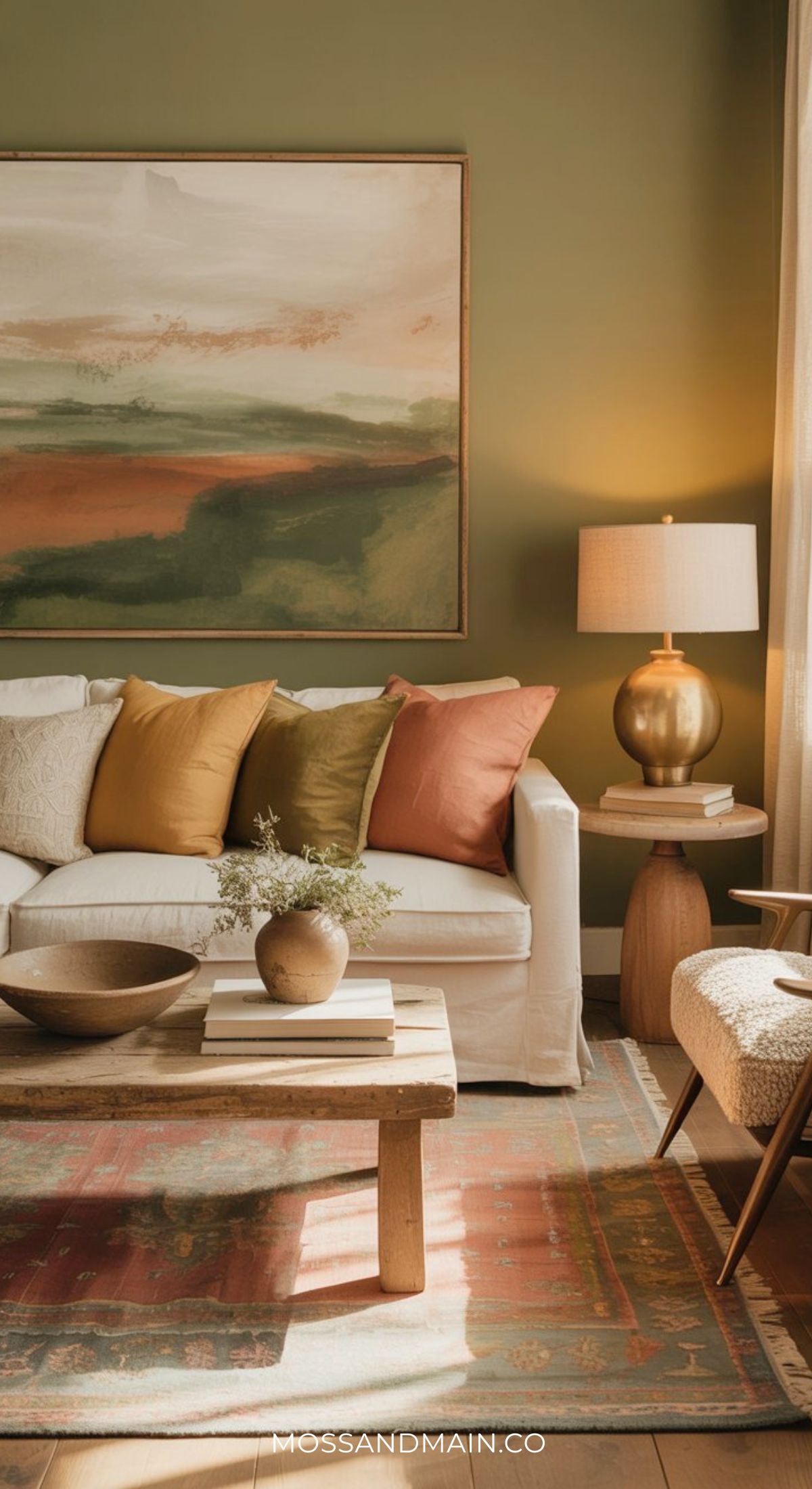 A cozy green and gold living room with a white sofa, earth-toned pillows, wooden coffee table, potted plant, table lamp, abstract landscape painting, and warm sunlight filtering through curtains. The decor features natural, rustic elements.
