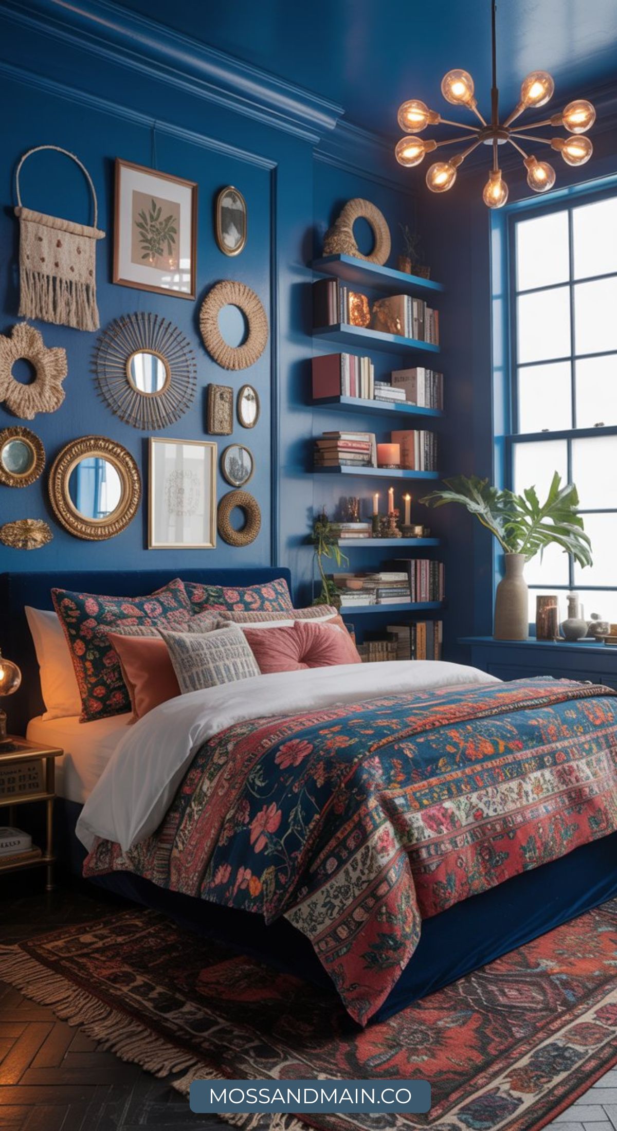 A stylish bedroom with deep blue walls, a gallery wall of mirrors and art, colorful patterned bedding, floating bookshelves, a large window, indoor plant, and modern chandelier. Rug and pillows add warmth to this blue boho bedroom retreat.