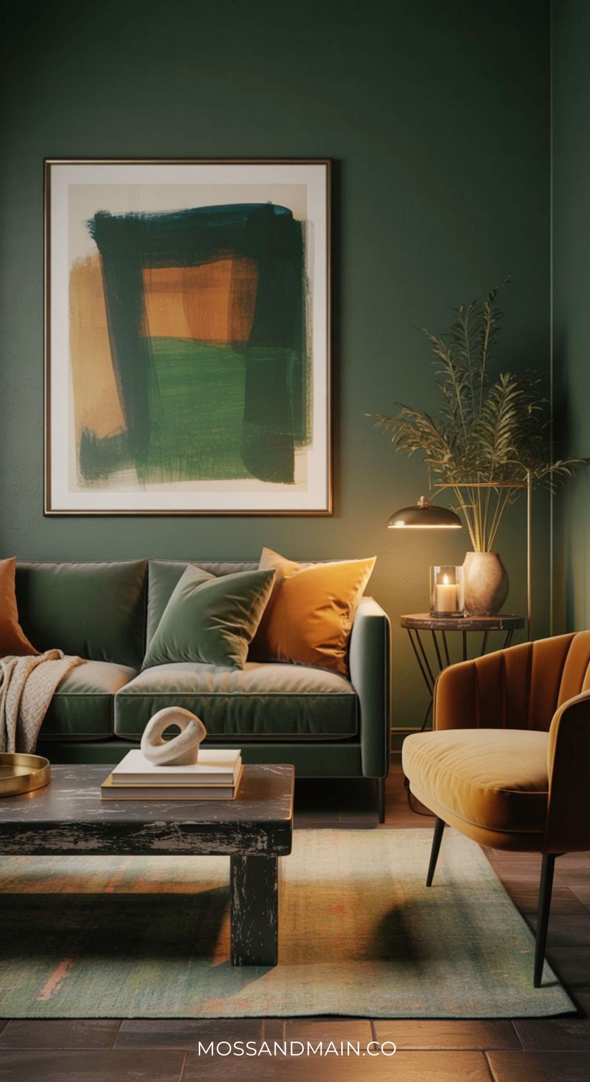 A modern green and gold living room with dark green walls, a green velvet sofa with cushions, a mustard yellow accent chair, abstract wall art, a wooden coffee table, a plant, and soft ambient lighting.