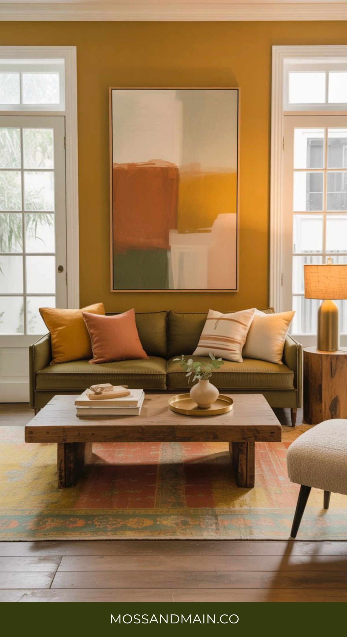A stylish green and gold living room with an olive green sofa, orange and beige cushions, a wooden coffee table with decor, modern art on a mustard yellow wall, and large windows letting in natural light. The bottom has the text “MOSSANDMAIN.CO”.