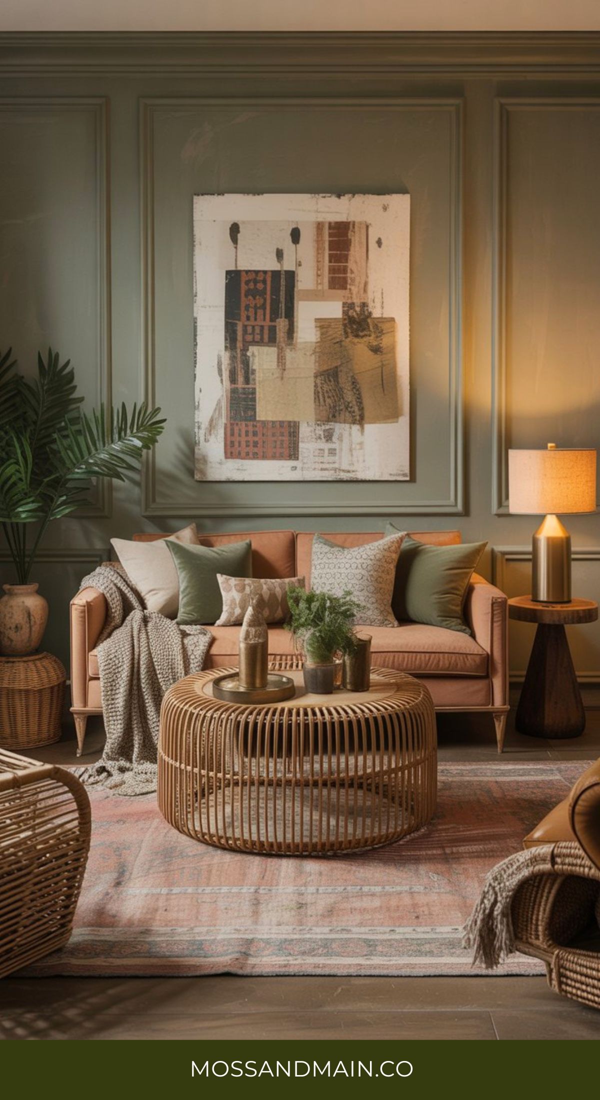 A cozy green and gold living room featuring a rust-colored sofa, green and beige cushions, a round rattan coffee table, potted plant, wall art, soft lighting, and modern earthy decor. Text reads MOSSANDMAIN.CO.