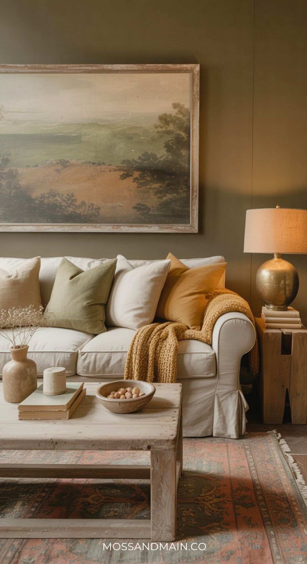 A cozy green and gold living room with a white sofa, earth-toned pillows, and a mustard throw blanket. A rustic coffee table holds candles and decor, while a table lamp rests on a wooden side table beneath a large landscape painting.
