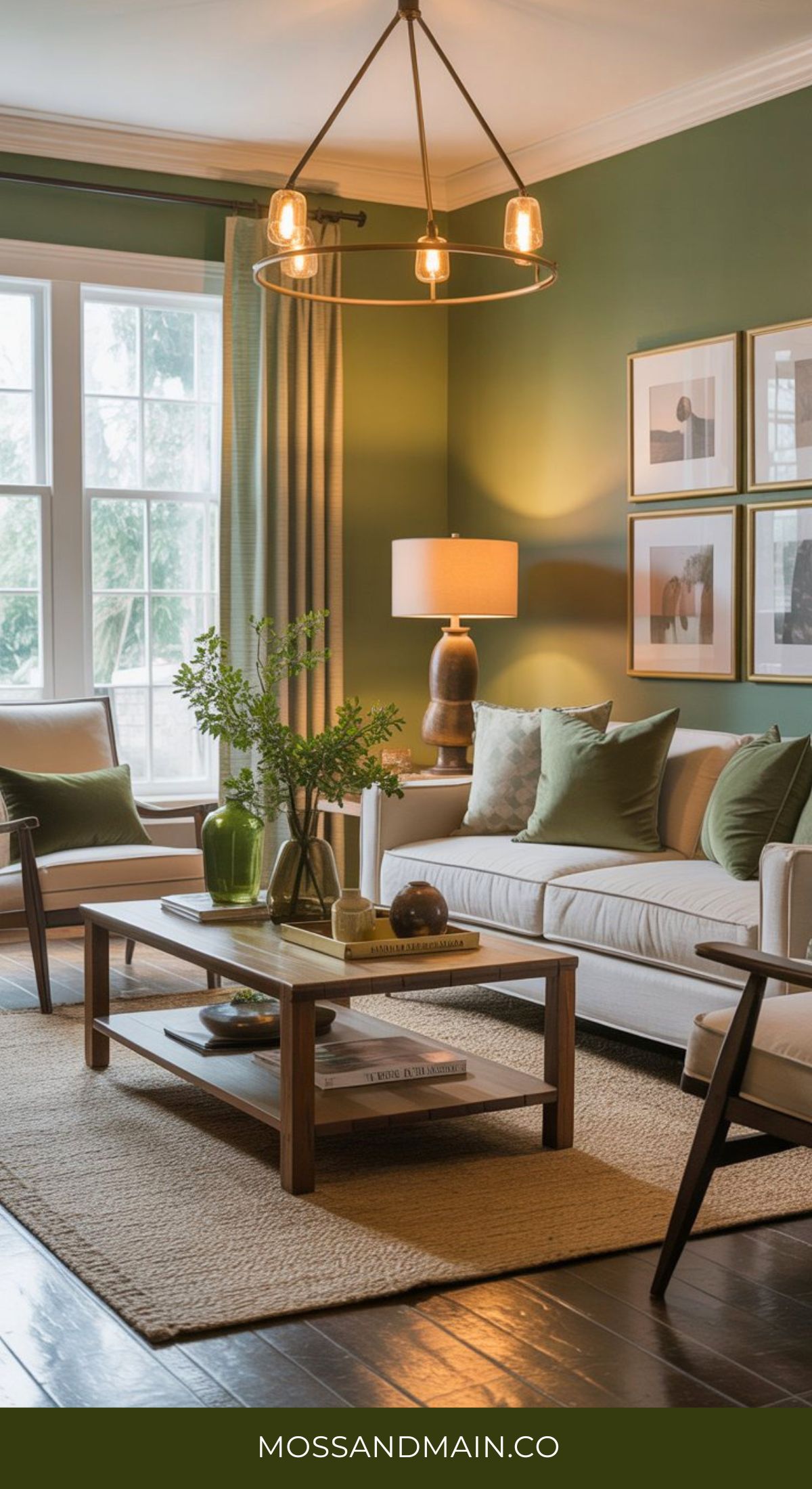 A stylish green and gold living room with green walls, beige sofas, green cushions, a wooden coffee table with plants, framed art, large windows, warm lighting, and a natural fiber rug creates a modern and cozy vibe.