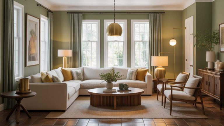 A stylish green and gold living room with sage walls, large windows, a white sectional sofa, wood coffee table, modern armchairs, gold accents, and neutral decor with soft lighting.