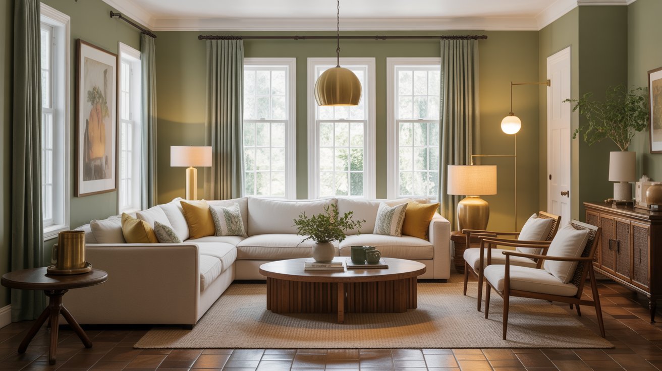 A stylish green and gold living room with sage walls, large windows, a white sectional sofa, wood coffee table, modern armchairs, gold accents, and neutral decor with soft lighting.