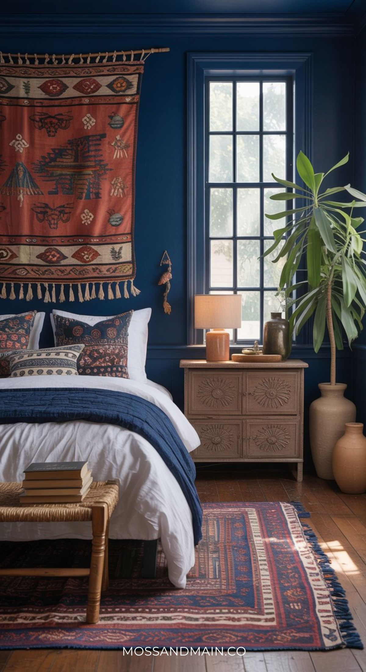 A Pinterest-worthy bedroom with deep blue walls, patterned pillows, a woven bench, potted plants, and geometric tapestry—perfect for anyone seeking cozy bedroom ideas or dreaming of a blue boho bedroom retreat.