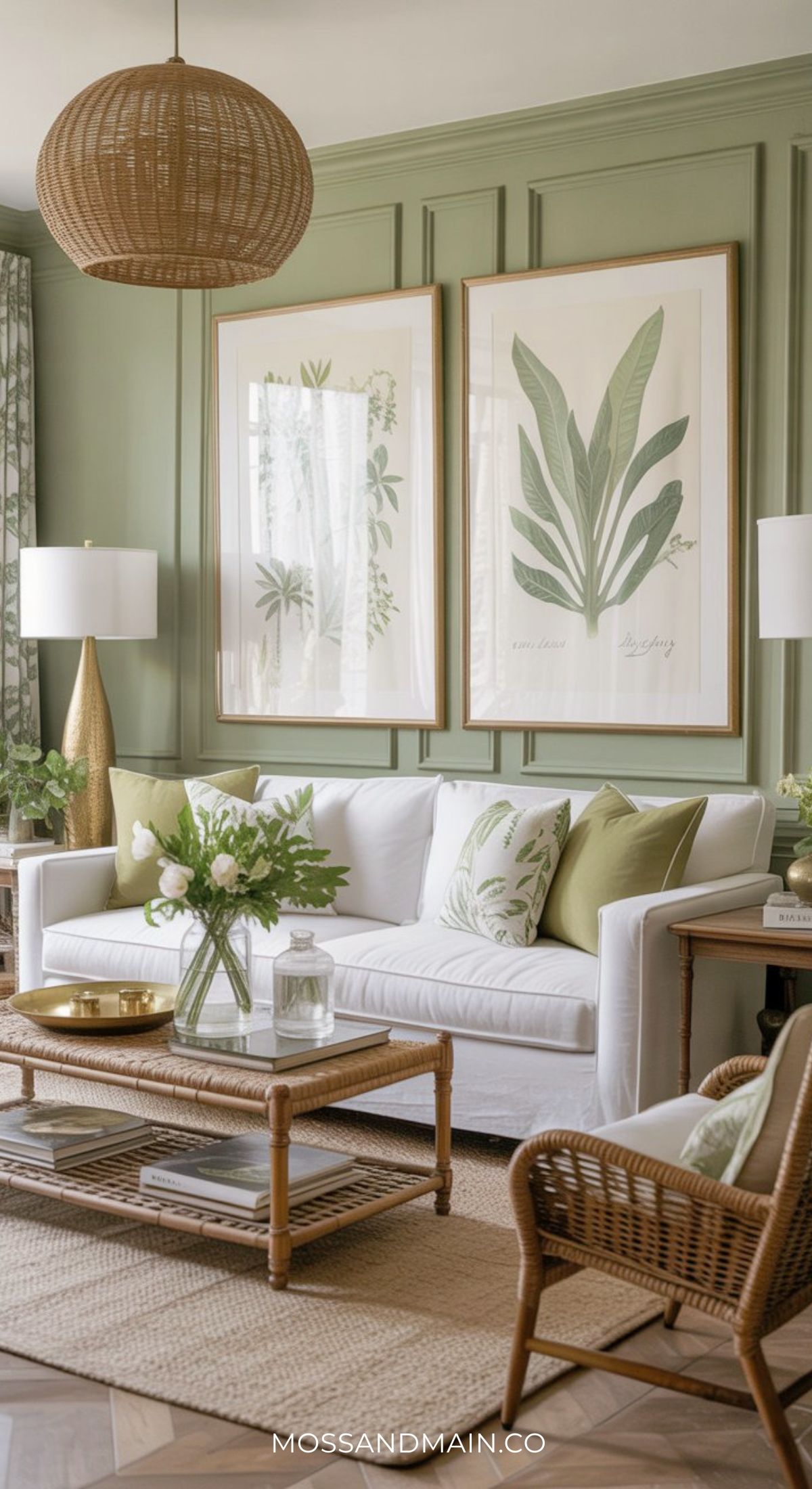 A stylish green and gold living room with green walls, large botanical prints, a white sofa with green pillows, wicker furniture, a woven pendant lamp, and a coffee table with flowers and books. The decor is natural and cozy.