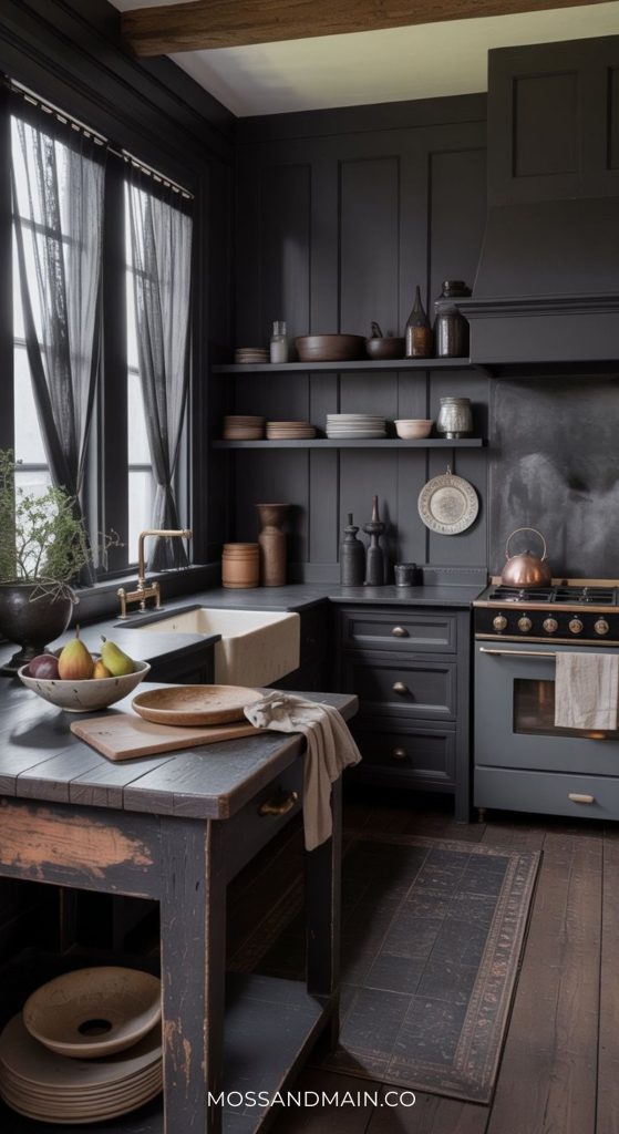 A cozy dark cottagecore kitchen with dark cabinets, open shelves holding dishes, a farmhouse sink, wood countertops, and a vintage-style stove. Natural light streams through tall windows with sheer curtains, and rustic decor completes the look.