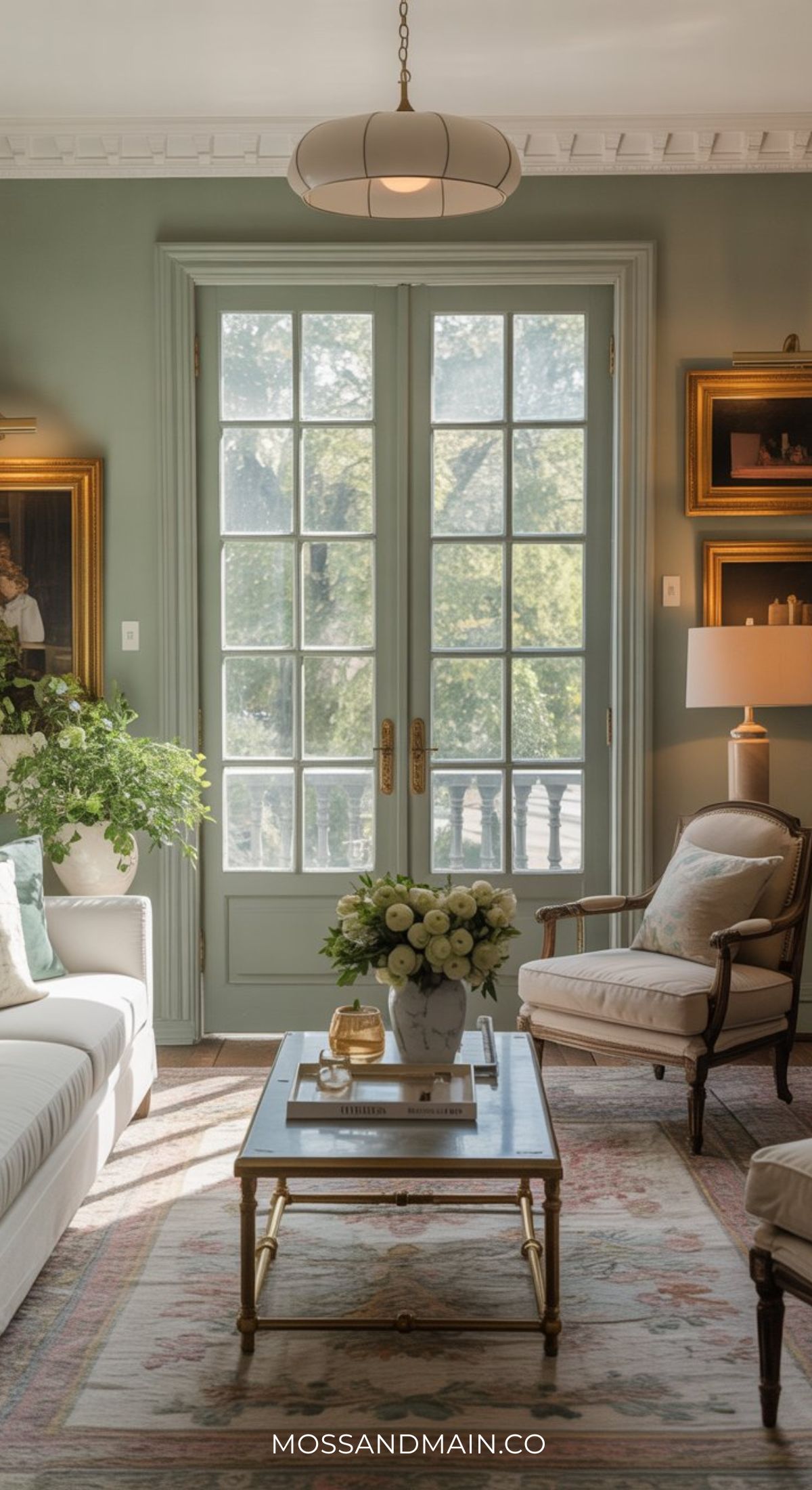 A bright, elegant green and gold living room with French doors, pastel green walls, classic furniture, a glass coffee table with flowers, framed art, and sunlight streaming in. The floor features a stylish patterned rug.