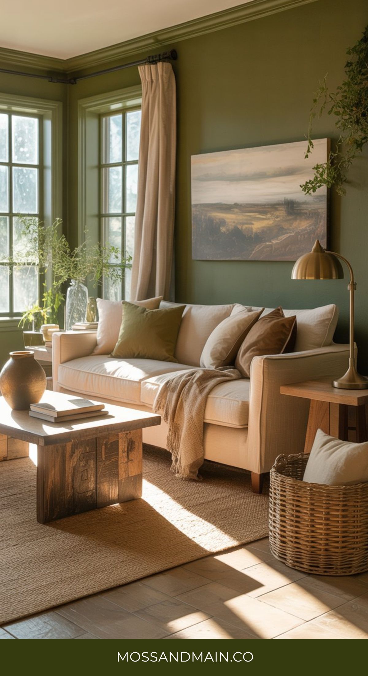 A cozy green and gold living room with olive green walls, a beige sofa with earth-toned pillows, a wooden coffee table, woven rug, basket, greenery, and landscape art, all bathed in sunlight from large windows.