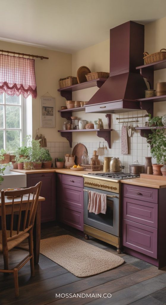 A cozy dark cottagecore kitchen with purple cabinets, open shelves, potted plants, brass cookware, a farmhouse sink, wooden accents, and a sunlit window with a red checkered curtain.