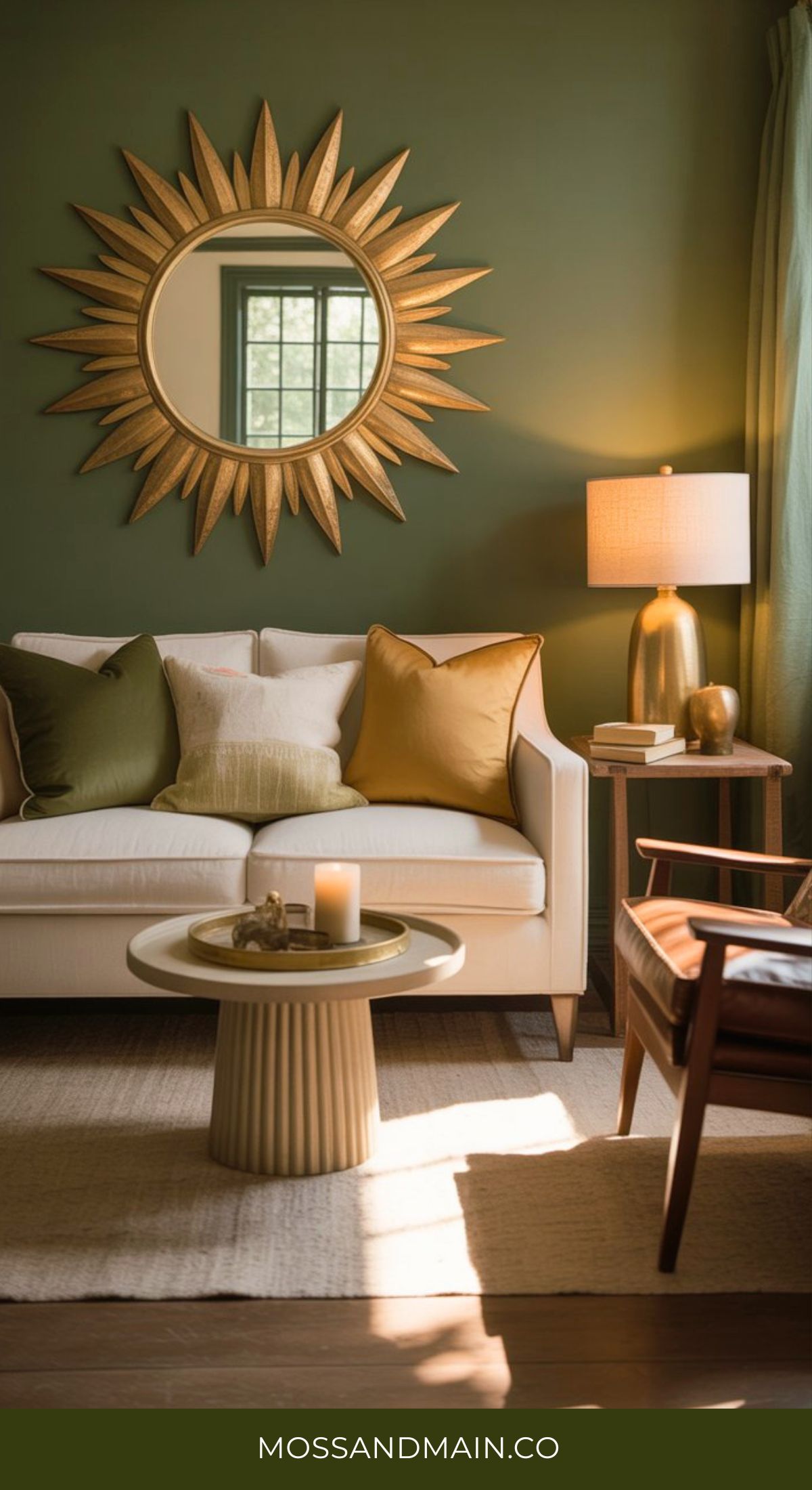 A stylish green and gold living room with green walls, a white sofa topped with green and gold pillows, a sunburst mirror, side table with lamp, and round coffee table. Sunlight streams through sheer curtains. Text reads MOSSANDMAIN.CO.