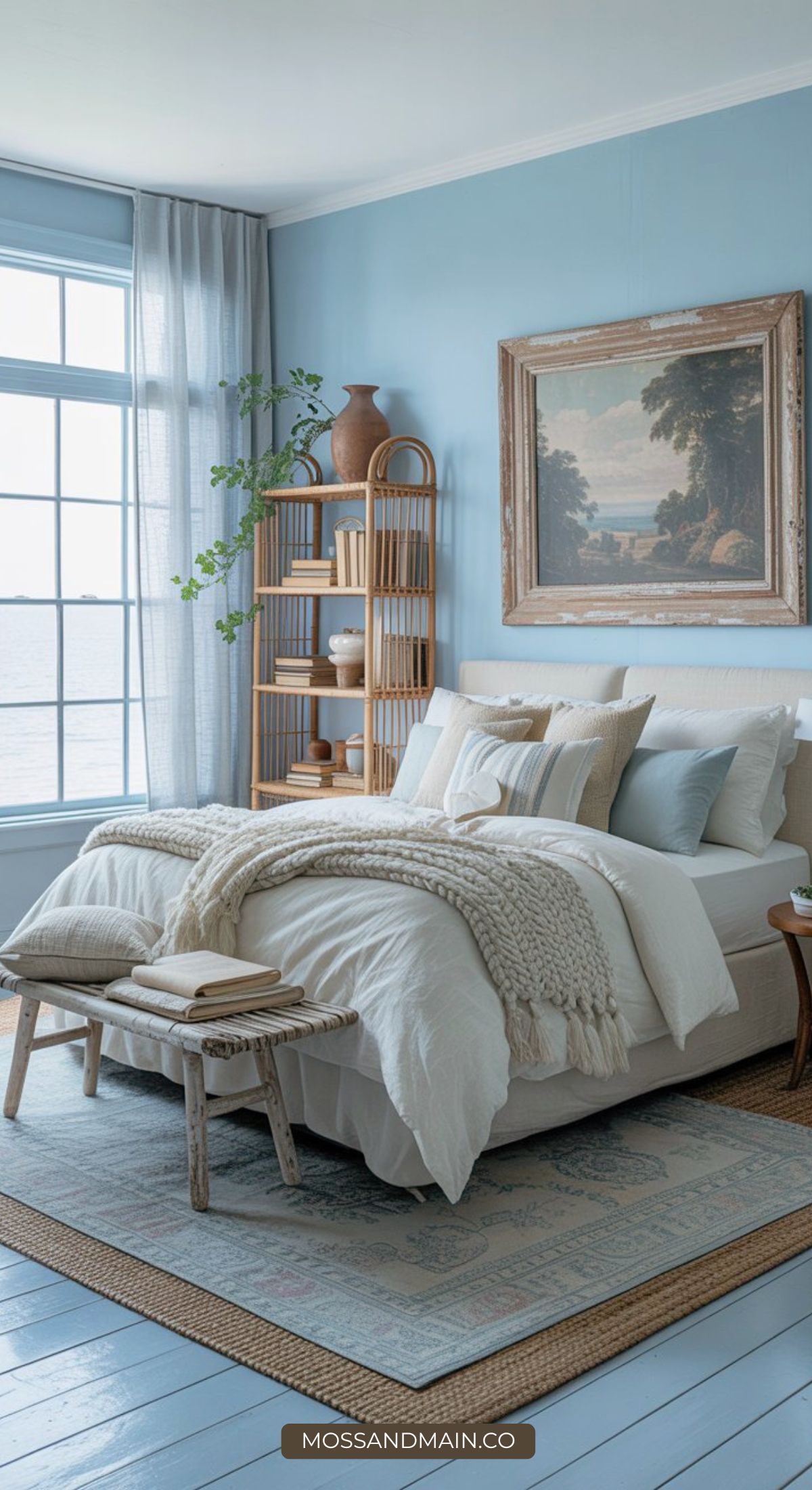 A cozy, light blue bedroom with a large window overlooking water, a neatly made bed with white and beige bedding, stylish bedroom touches like a wooden bench, woven shelf with decor, and a landscape painting above the bed.