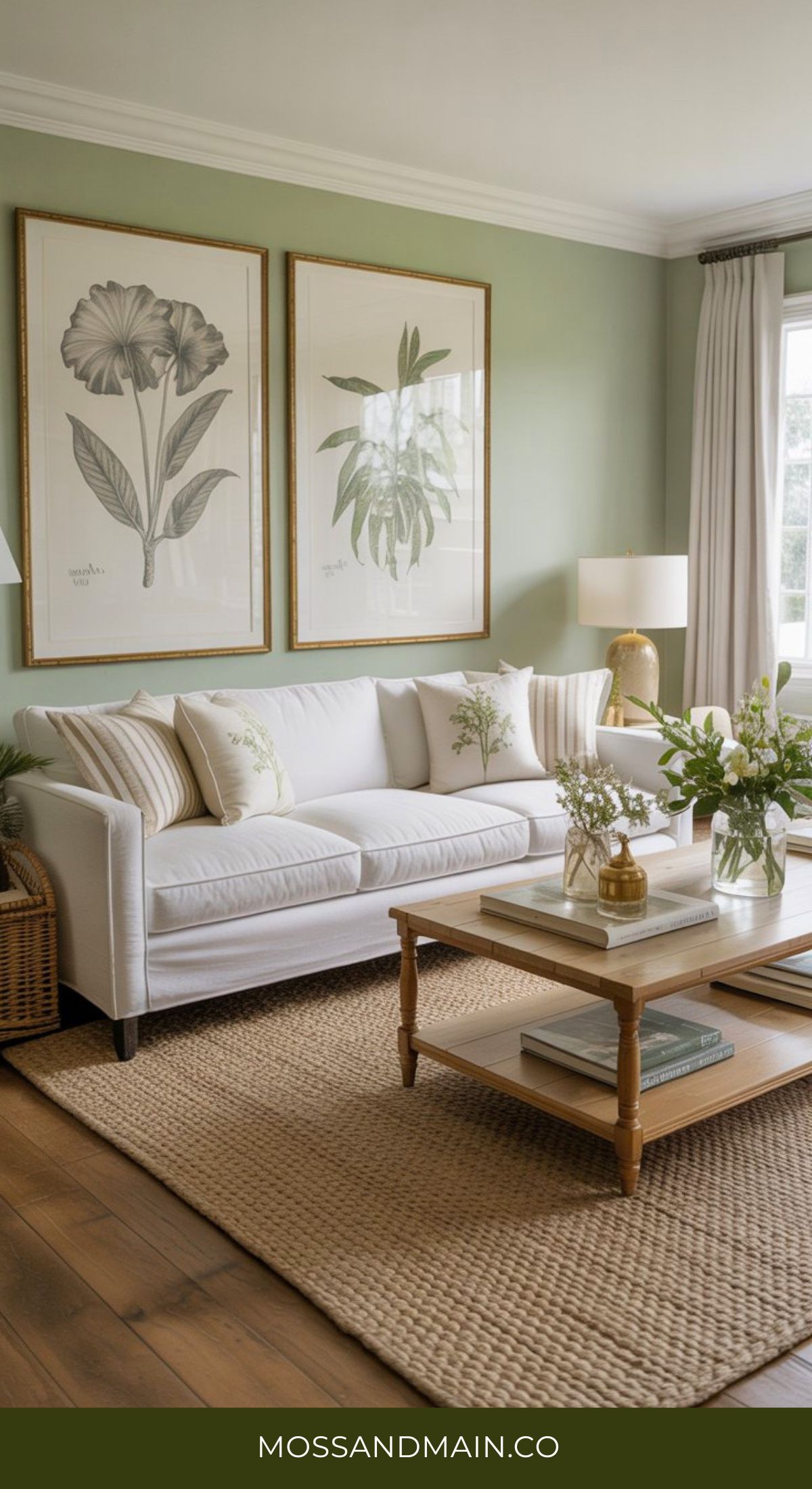 A bright, airy green and gold living room with a white sofa, botanical wall art, wooden coffee table with books, natural woven rug, green walls, and large windows with cream curtains. Fresh greenery decorates the space.