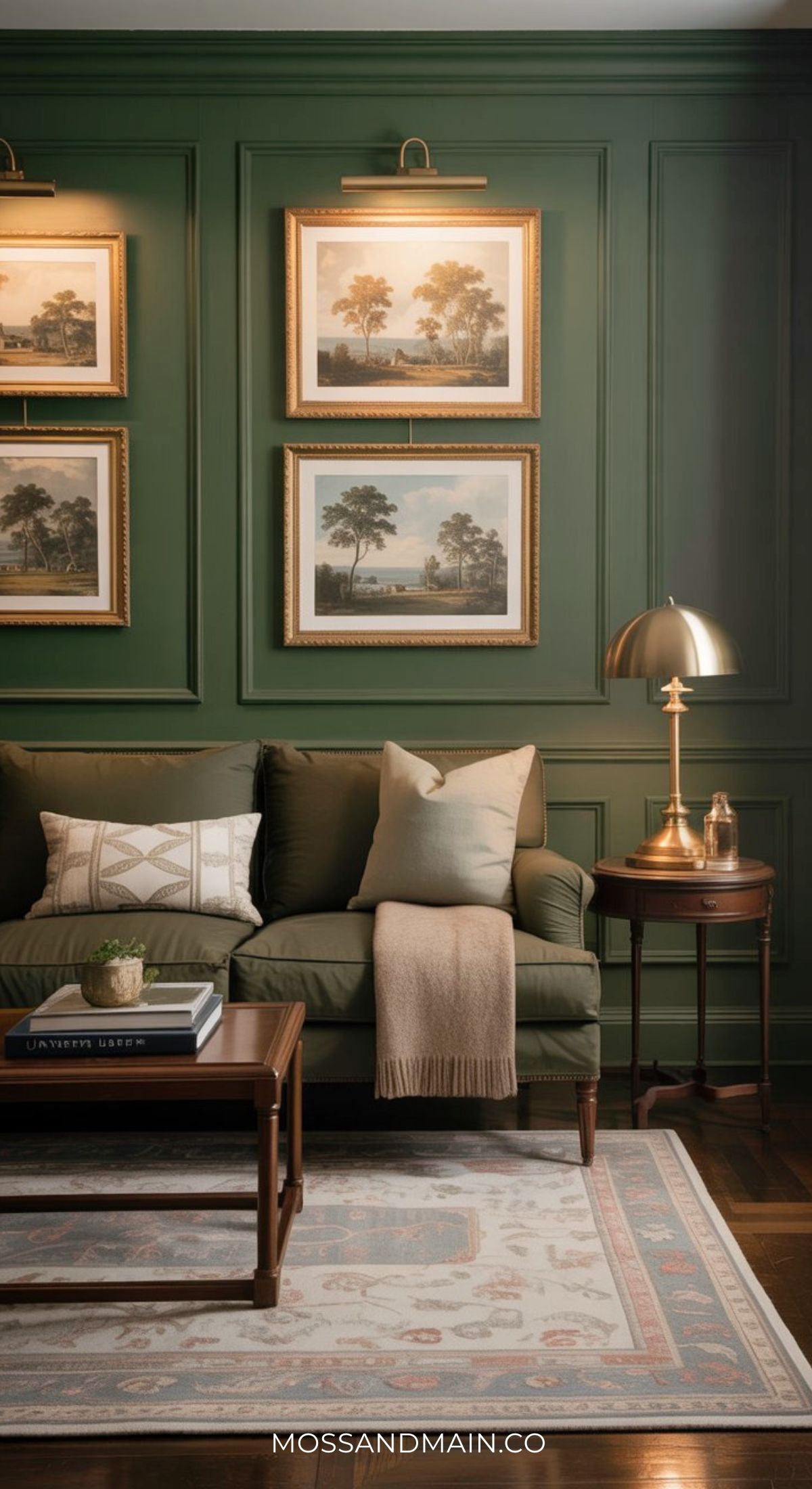 A cozy green and gold living room with dark green paneled walls, a green sofa with pillows and a beige throw, a wooden coffee table with books, a round side table with a brass lamp, and framed landscape art on the wall.
