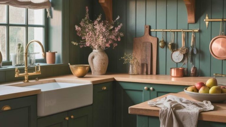 A cozy, dark cottagecore kitchen with green cabinets, wooden countertops, a farmhouse sink, and brass fixtures. Copper pots, a cutting board, and a vase of pink flowers decorate the space. A bowl of apples sits on the counter.