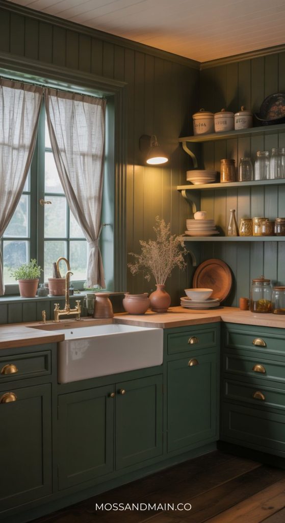 A cozy cottagecore kitchen with green cabinets, brass hardware, a farmhouse sink, wood countertops, and open shelves for dishes and jars—perfect for those seeking dark cottagecore kitchen inspiration and warm natural light through sheer curtains.