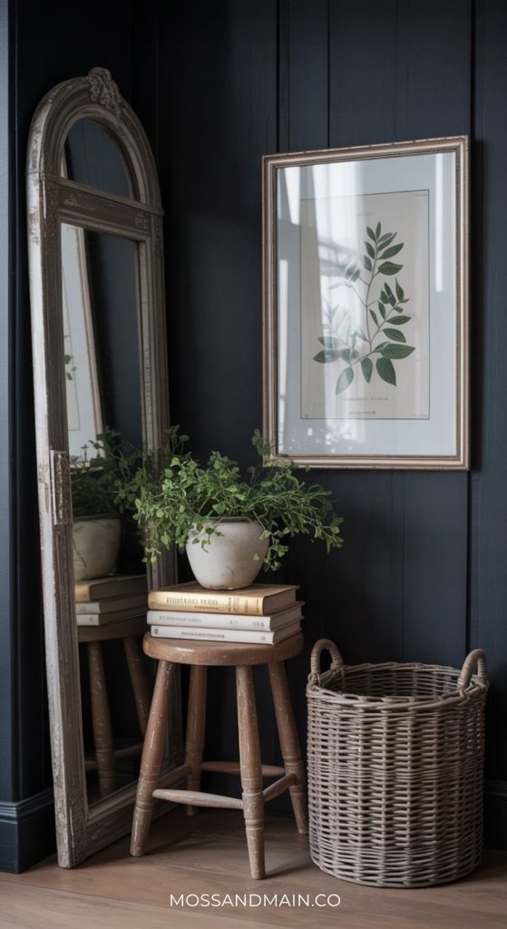 A rustic stool holds stacked books and a potted green plant beside a wicker basket. A tall vintage mirror and framed botanical print add charm against a dark paneled wall—perfect inspiration for dark cottagecore kitchen ideas.