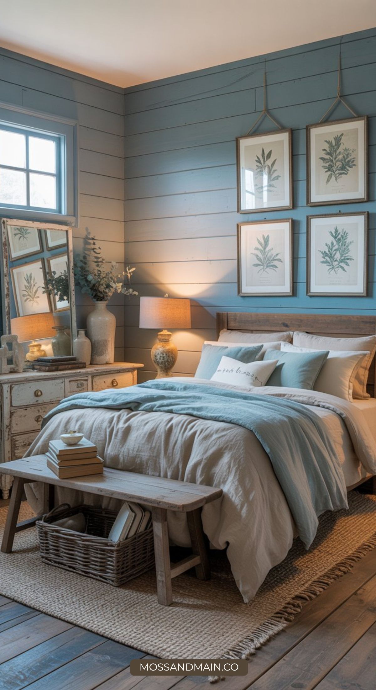 A cozy bedroom with blue shiplap walls, botanical prints above the bed, soft blue and beige bedding, a rustic wooden bench, and a basket with books creates the perfect Blue Boho Bedroom vibe with a distressed dresser, mirror, and lamps.
